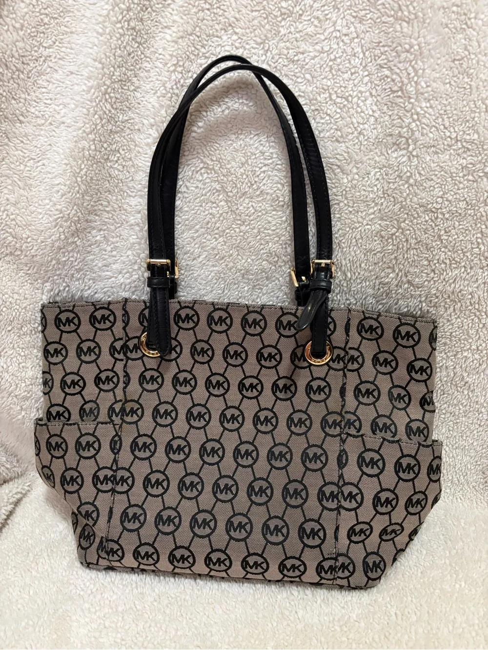 Michael Kors Beige and Black MK Logo Tote with Gold Charm
